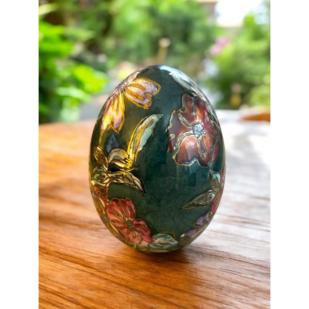 Vintage Cloisonné Style Ceramic Egg Floral Pattern Pink Gold Emerald Green